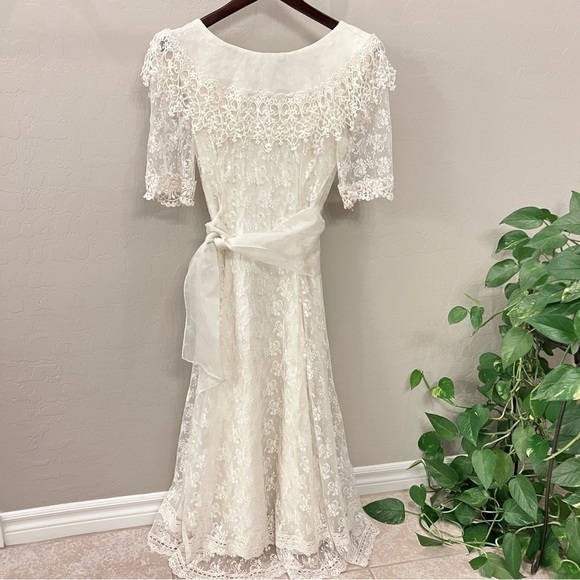 Scott McClintock Vintage lace ivory wedding dress organza silk crochet detail, S - Picture 3 of 17